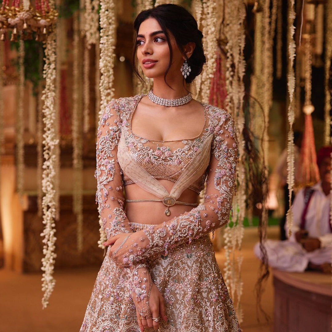 Fab Fusion Of Khushi Kapoor In Embroidered Net Fabric Lehenga